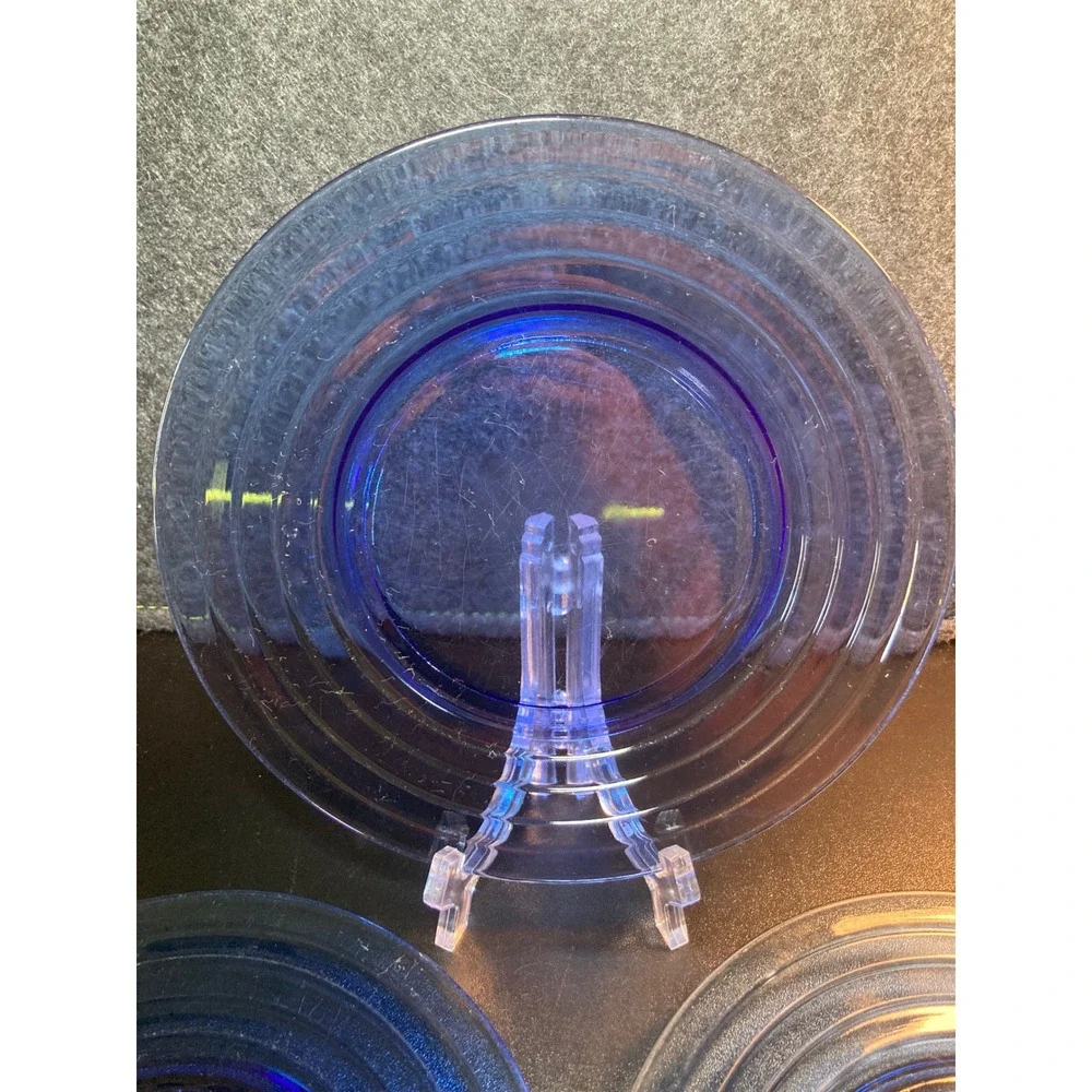 Vintage Cobalt Blue Glass Salad Plates Set of 3 Concentric Ring Art Deco 8